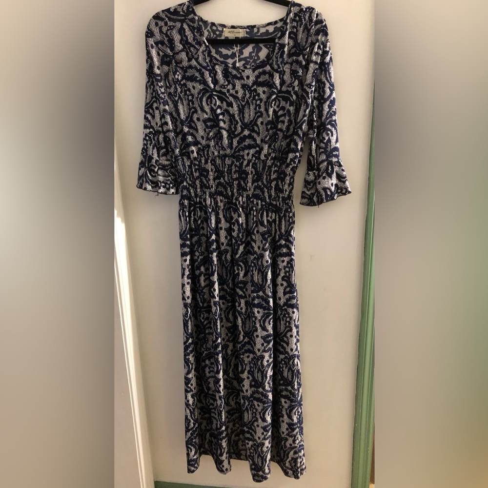 Printed sequin navy blue fit flair maxi dress